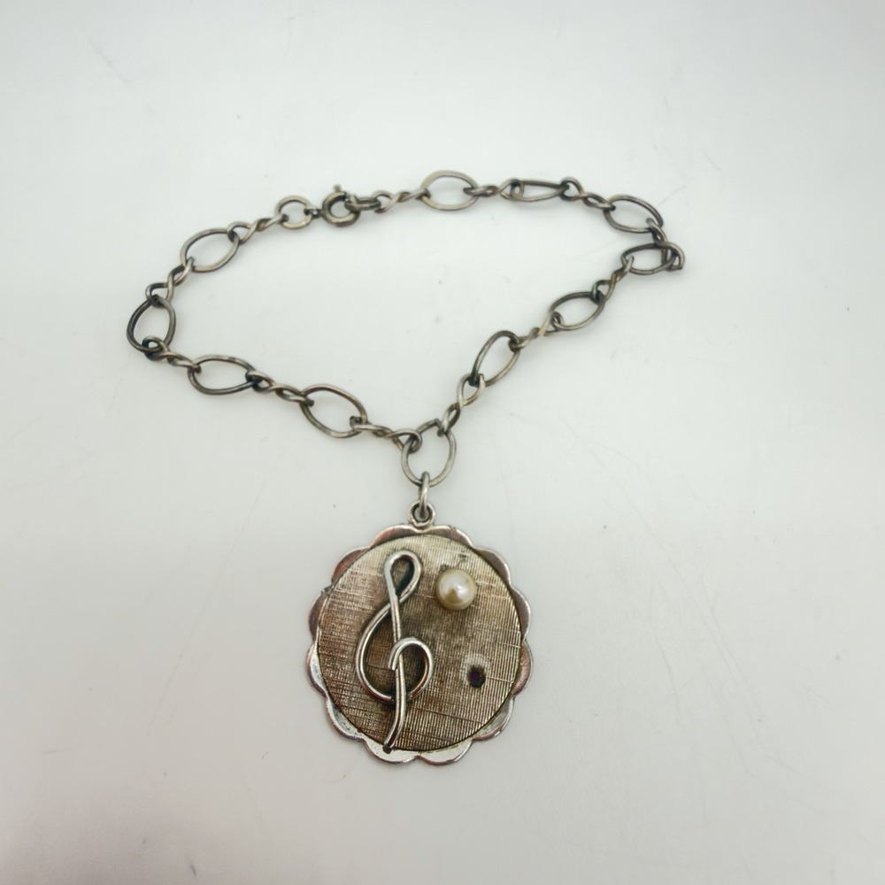 Vtg 40s Sterling Silver  Charm Bracelet Music Note Charm Genie Pearl Read